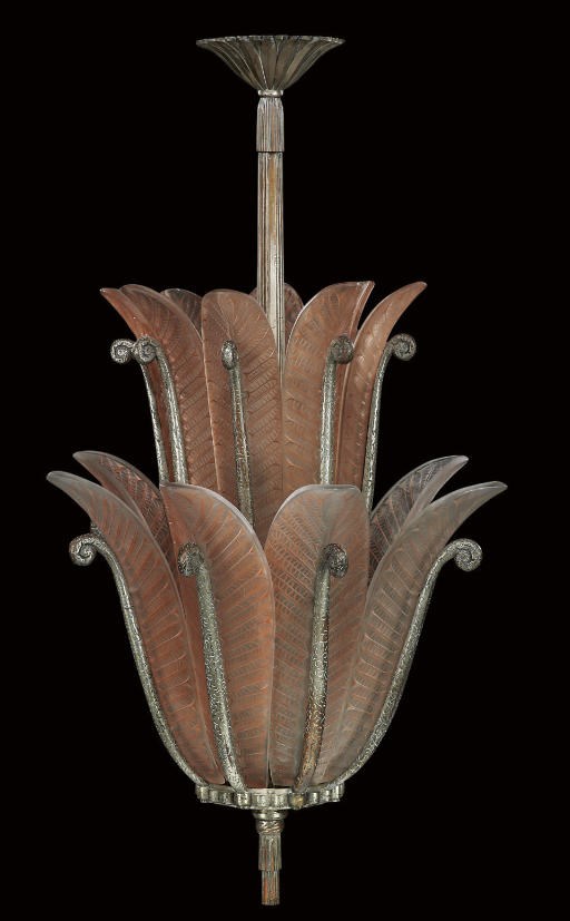 AN ART DECO SILVERED BRONZE AND FROSTED GLASS TWO-TIER CHANDELIER