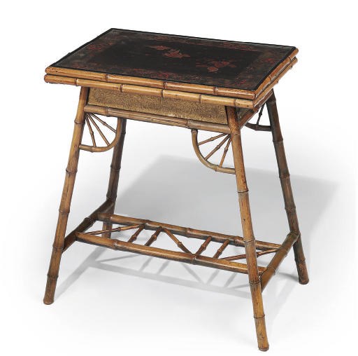 A LATE VICTORIAN BLACK LACQUER, GILT AND BAMBOO CARD TABLE
