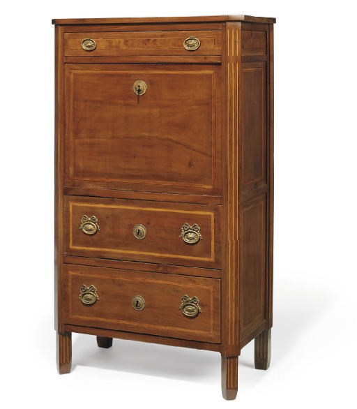 A NORTH ITALIAN GILTMETAL-MOUNTED WALNUT AND FRUITWOOD BANDED SECRÉTAIRE À ABATTANT