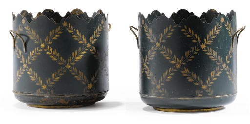 A PAIR OF RESTAURATION POLYCHROME AND PARCEL GILT TOLE PEINTE JARDINIERES