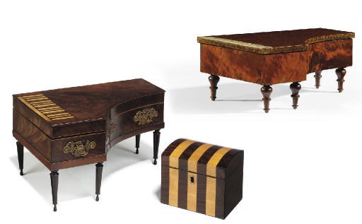 AN EMPIRE REVIVAL MAHOGANY MUSICAL ETUI MODELLED AS A PIANO