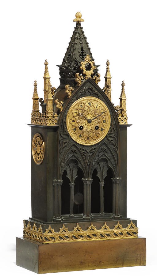 A CHARLES X NEO-GOTHIC PATINATED BRONZE AND ORMOLU PENDULE