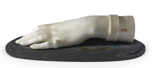 A FRENCH WHITE MARBLE CARVED HAND OF 'RACHEL'