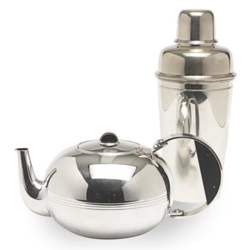 TWO AMERICAN SILVER DRINKING WARES, A FRENCH SILVER CIGARETTE CANNISTER AND COVER, AND A FRENCH SILVER-PLATED TEAPOT,