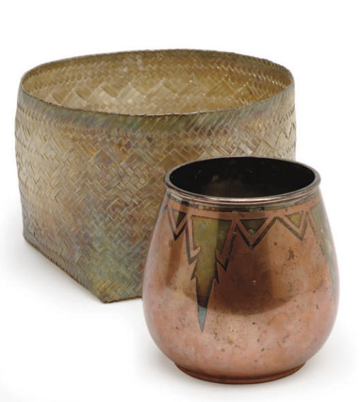 AN AMERICAN SILVER WOVEN BASKET AND A FRENCH COPPER AND MIXED METAL VASE,
