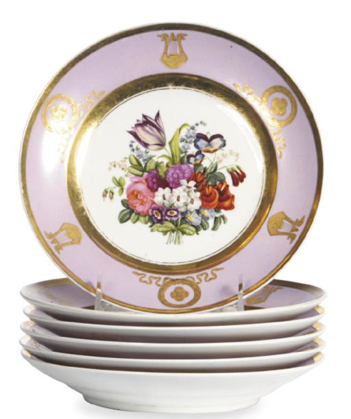 A GROUP OF SIX RUSSIAN PORCELAIN DESSERT PLATES AND TWO PARIS PORCELAIN PLATES,