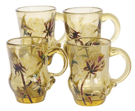 A SET OF FOUR FRENCH GLASS ENAMELED CORDIAL CUPS WITH HANDLES,