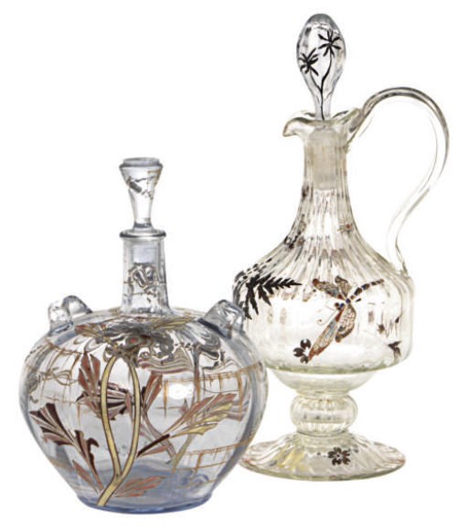 TWO FRENCH ENAMELED GLASS TABLE ARTICLES,