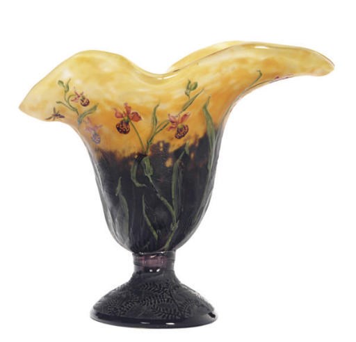 A FRENCH ETCHED AND ENAMELED MOTTLED GLASS ORCHID VASE,