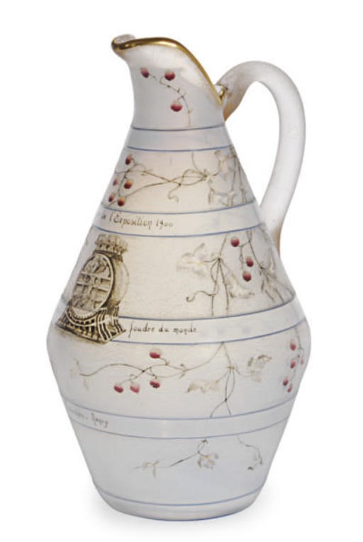 A FRENCH ENAMELED GLASS BEER PITCHER FOR THE PARIS EXPOSITION,