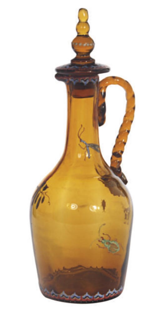 A FRENCH ENAMELED AND GILT GLASS BOTTLE AND STOPPER,