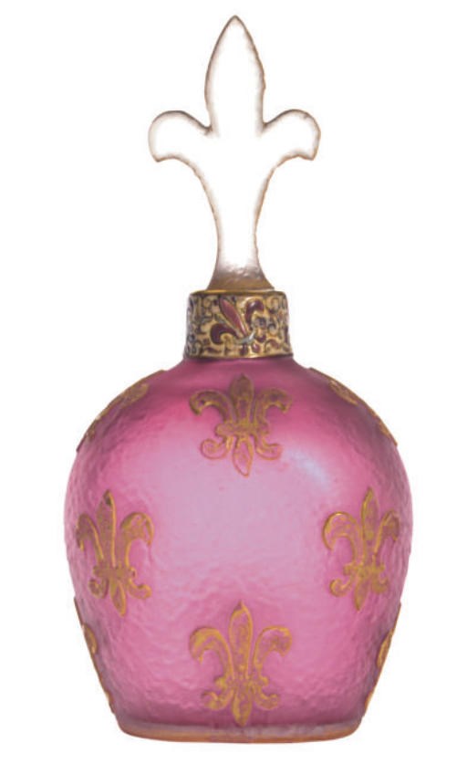 A FRENCH GLASS GILT AND ENAMELED DECANTER AND STOPPER,