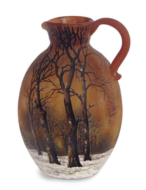 A FRENCH GLASS AND ENAMELED SMALL WINTER LANDSCAPE EWER,