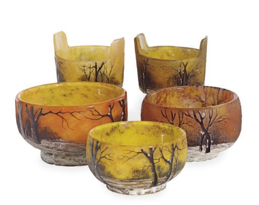 A GROUP OF FRENCH GLASS WINTER LANDSCAPE SALT CELLARS,