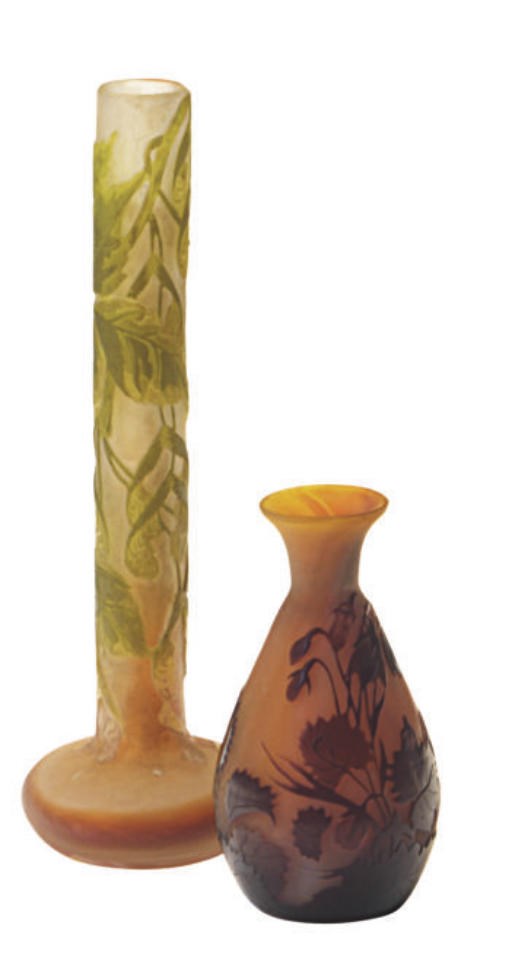 TWO FRENCH GLASS CAMEO VASES AND TWO FRENCH CERAMIC DISHES,
