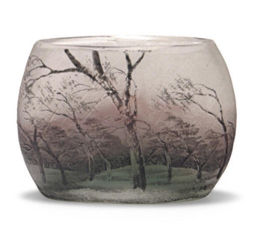 A FRENCH ETCHED AND ENAMELED MINATURE 'RAIN' VASE,