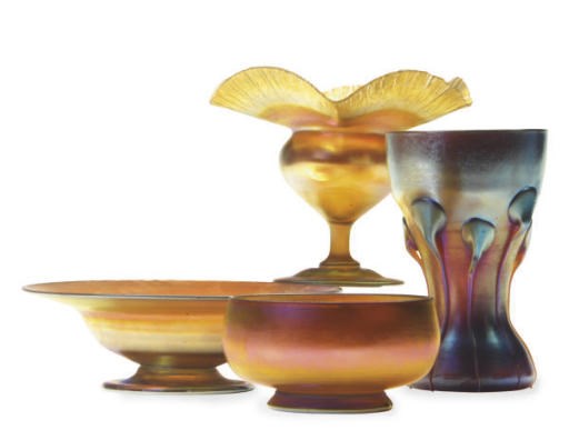 A GROUP OF FIVE AMERICAN FAVRILE GLASS TABLEWARES,