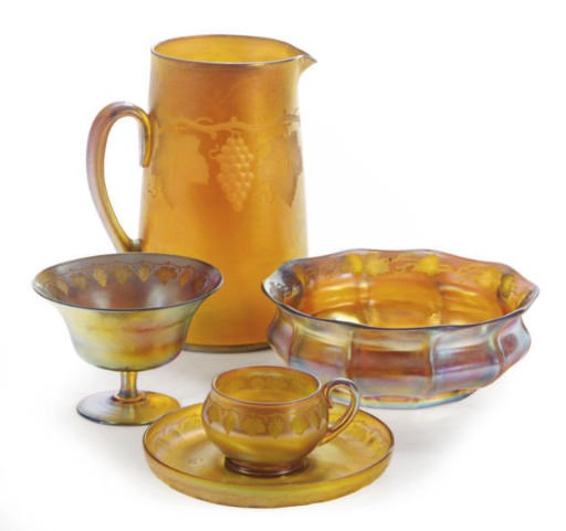 AN AMERCIAN FAVRILE GLASS PITCHER, COMPOTE, BOWL, AND CUP AND SAUCER,