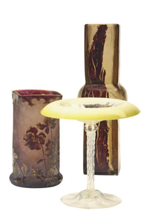 AN AMERICAN GLASS COMPOTE AND TWO FRENCH GLASS VASES,