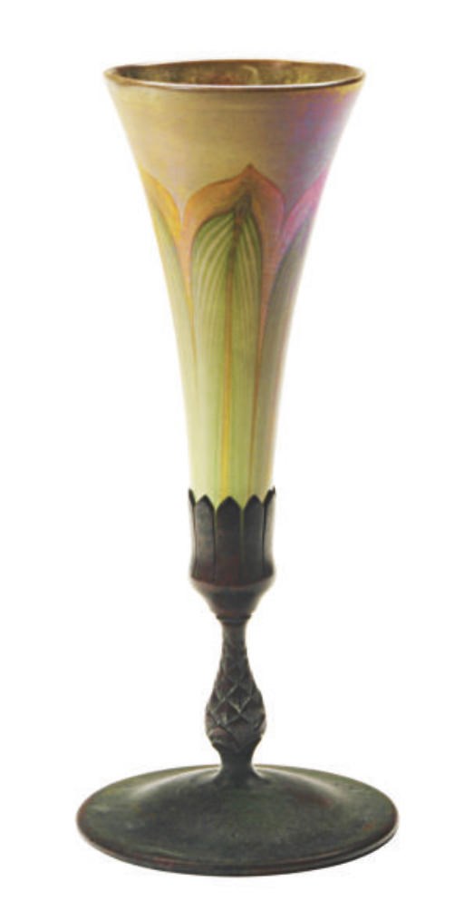 AN AMERICAN BRONZE-MOUNTED FAVRILE GLASS VASE,