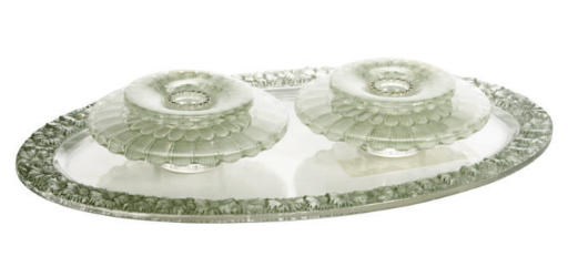 A FRENCH GLASS PAIR OF 'DAHLIA' CANDLE HOLDERS AND A 'PAQUERETTES' TRAY,