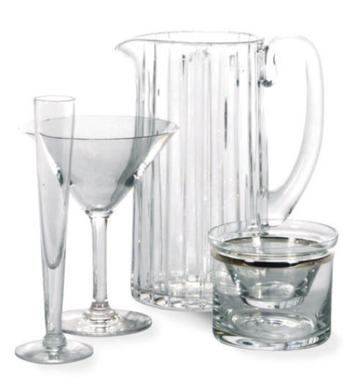 A FRENCH GLASS PITCHER AND A GROUP OF CONTEMPORARY PART CAVIAR SERVICE AND GLASS BARWARE,