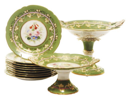 AN ENGLISH PORCELAIN GREEN-GROUND PART DESSERT SERVICE,