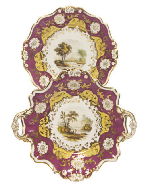 AN ASSEMBLED ENGLISH PORCELAIN CRANBERRY-GROUND PART DESSERT SERVICE,
