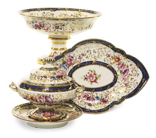 AN ASSEMBLED ENGLISH BLUE-GROUND PORCELAIN PART DESSERT SERVICE,