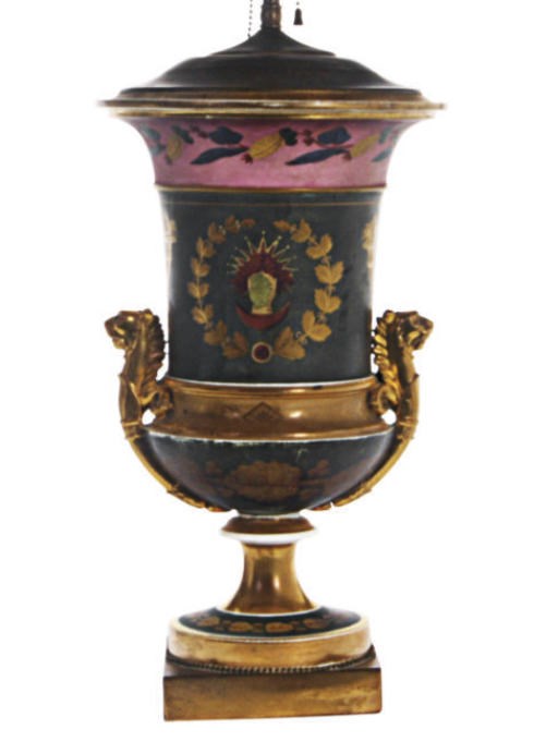 A PARIS PORCELAIN GREEN AND PINK-GROUND KRATER VASE MOUNTED AS A LAMP,