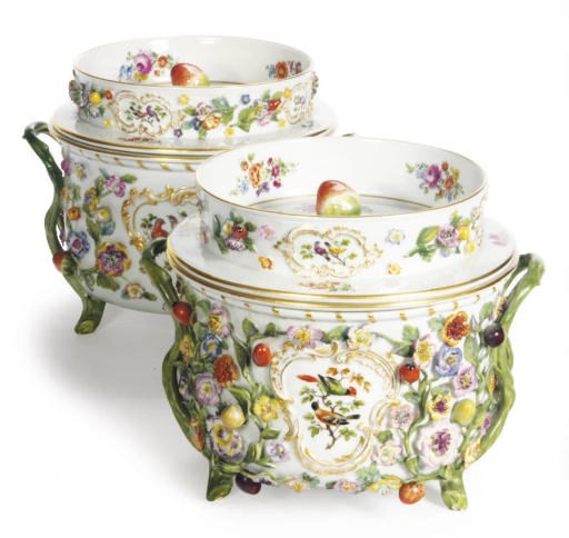TWO GERMAN PORCELAIN FRUIT AND FLOWER-ENCRUSTED FRUIT COOLERS, LINERS, AND COVERS,
