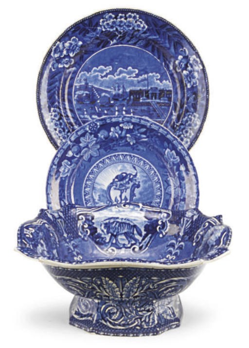 AN ASSEMBLED STAFFORDSHIRE BLUE TRANSFER-PRINTED PART DESSERT SERVICE,