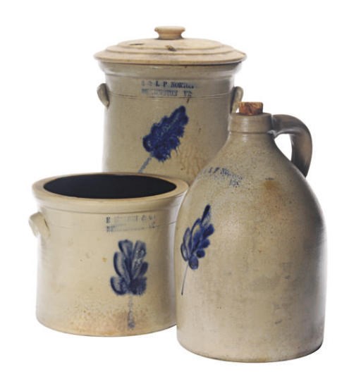AN AMERICAN STONEWARE JUG, A CROCK AND ASSOCIATED COVER, AND ANOTHER CROCK WITH FLORAL DECORATION,