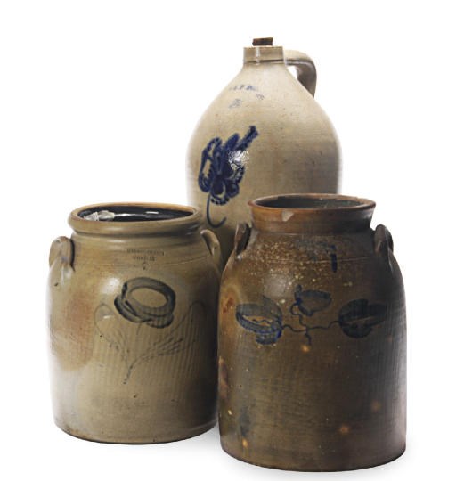 TWO AMERICAN STONEWARE CROCKS AND A TWO GALLON JUG WITH FLORAL DECORATION,