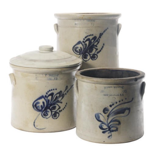 AN AMERICAN STONEWARE CROCK AND ASSOCIATED COVER, AND TWO CROCKS WITH FLORAL DECORATION,
