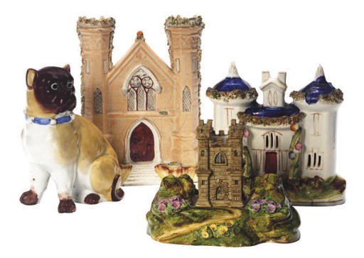 A GROUP OF TWO STAFFORDSHIRE SPILL VASES AND A FLATBACK MODEL OF A COTTAGE AND A GERMAN PORCELAIN PUG,
