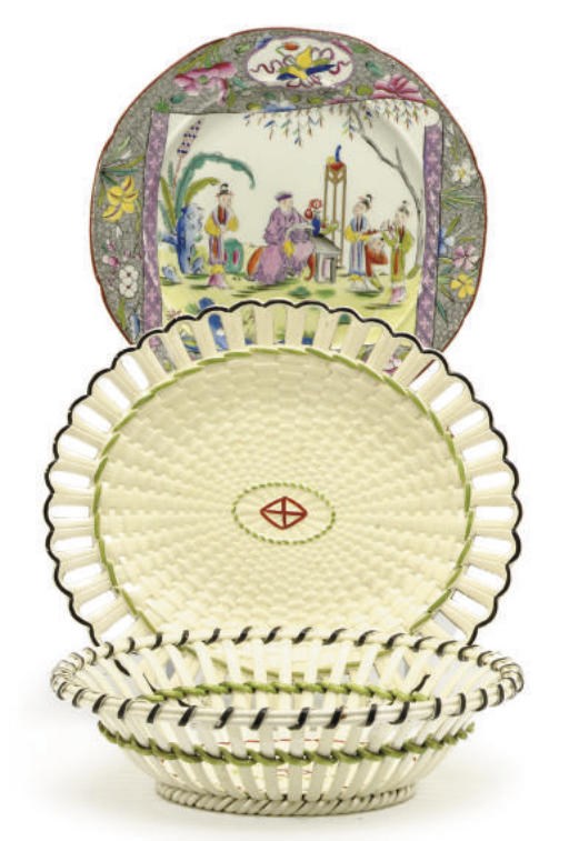 AN ENGLISH QUEEN'S WARE BASKET AND STAND AND EIGHT PATENT IRONSTONE CHINOISSERIE DESSERT PLATES,