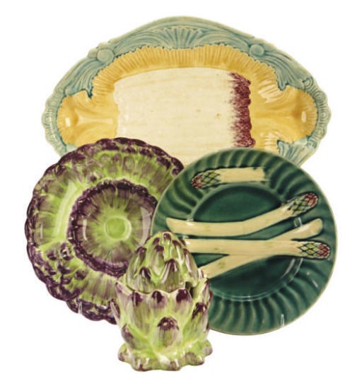 A FRENCH MAJOLICA ARTICHOKE SERVICE FOR SIX AND EIGHT CONTINENTAL ASPARAGUS PLATES AND A PLATTER,