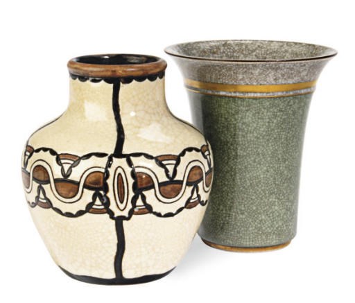 A BELGIAN POLYCHROME-GLAZED CERAMIC VASE AND A DANISH PORCELAIN VASE,