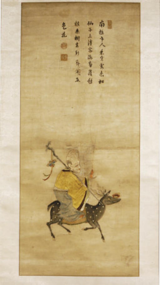 A CHINESE EMBROIDERED SILK HANGING SCROLL OF THE IMMORTAL SHOULAO,