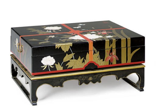 A CHINESE PAINTED BLACK LACQUERED LOW CHEST ON STAND,