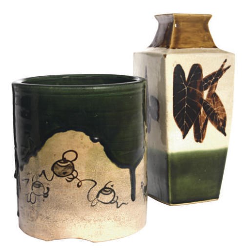 TWO JAPANESE ORIBE STYLE POTTERY HAND WARMERS AND A SQUARE BALUSTER VASE,