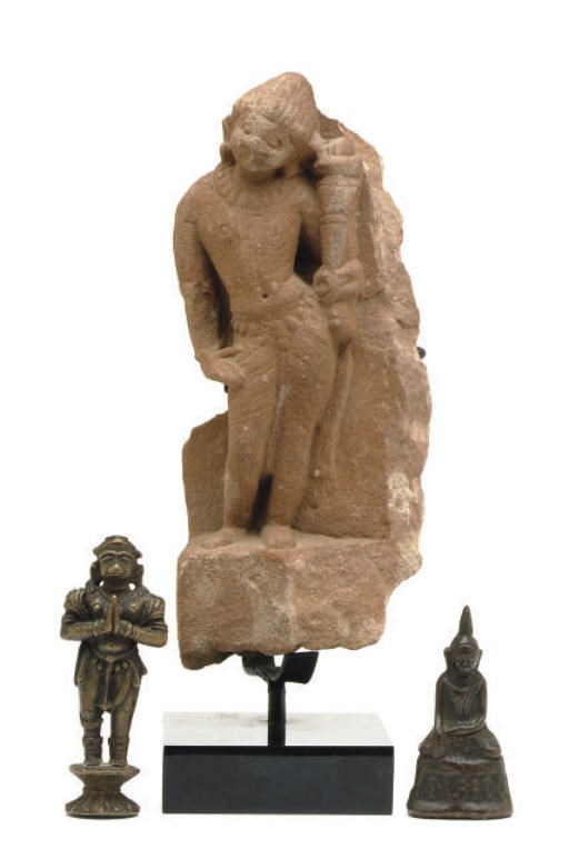 A SANDSTONE FRAGMENT OF A MALE FIGURE AND FOUR BRONZE WEIGHTS,