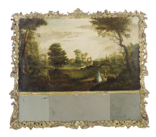 AN ENGLISH PAINTED AND PARCEL-GILT TRUMEAU MIRROR,
