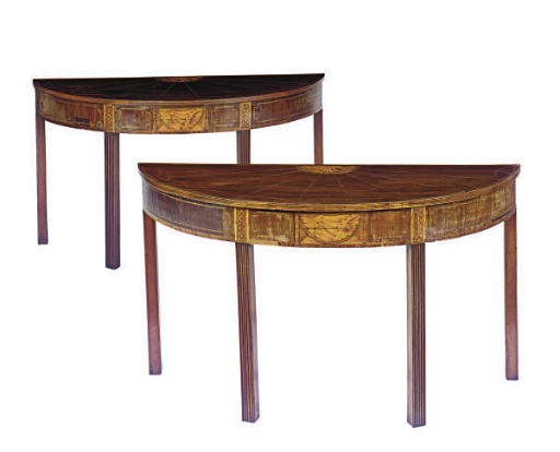 A PAIR OF MAHOGANY AND SATINWOOD MARQUETRY DEMILUNE SIDE TABLES,