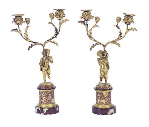 A PAIR OF FRENCH GILT-BRONZE AND MARBLE FIGURAL TWO-LIGHT CANDELABRA,