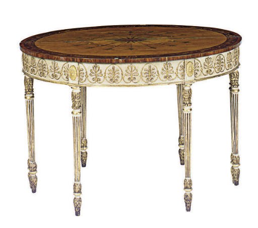 A PAIR OF ENGLISH CREAM-PAINTED AND PARCEL-GILT SATINWOOD, KINGWOOD AND MARQUETRY DEMILUNE SIDE TABLES,