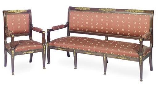 A FRENCH ORMOLU-MOUNTED MAHOGANY THREE-PIECE SALON SUITE,