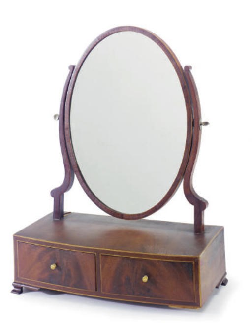 AN ENGLISH MAHOGANY TOILET MIRROR,