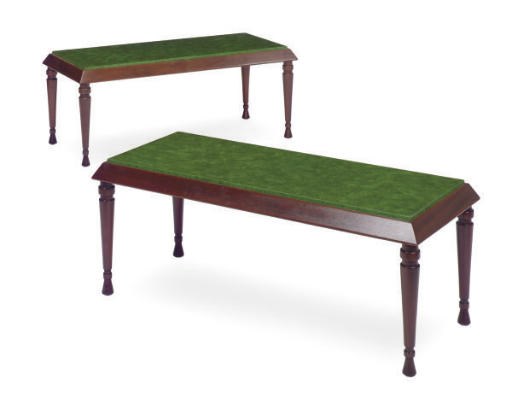 A PAIR OF MAHOGANY AND FAUX MALACHITE LOW TABLES,